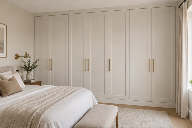 Warm neutral fitted wardrobes and soft bedroom furnishings.